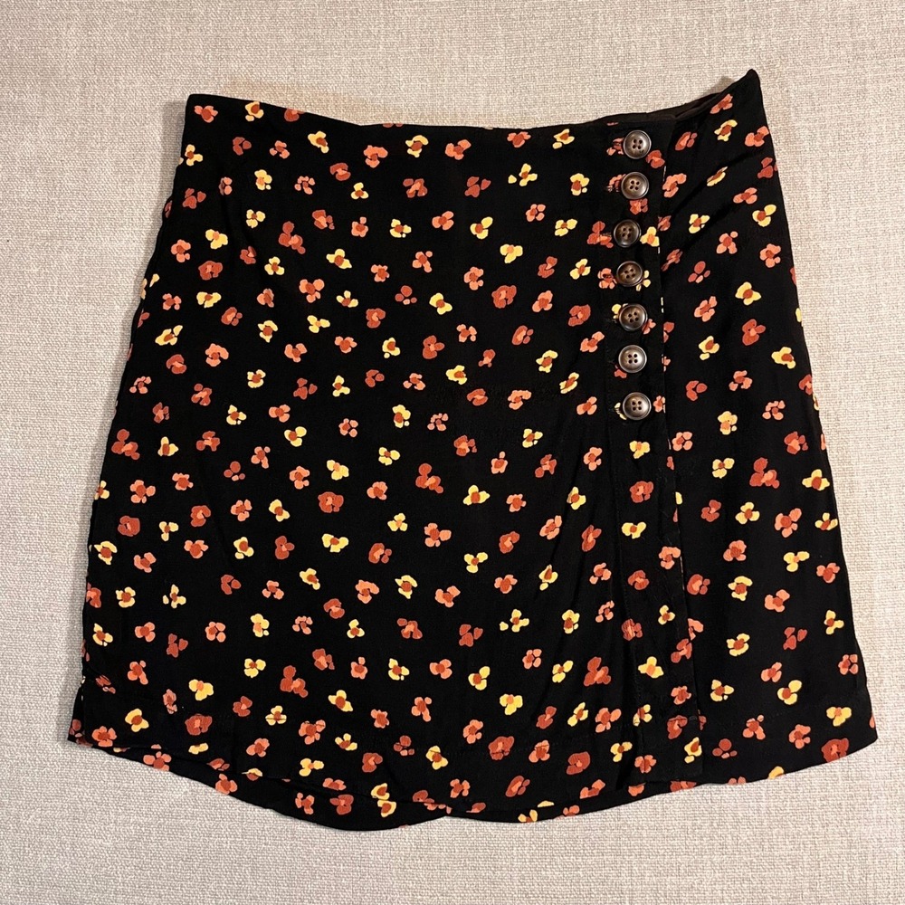 Madewell Black Floral Print‎ Button Front A-Line Mini Skirt Size 6